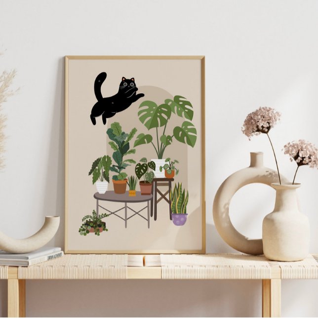 Naughty Black Cat & Monstera Jungle Poster | Zazzle