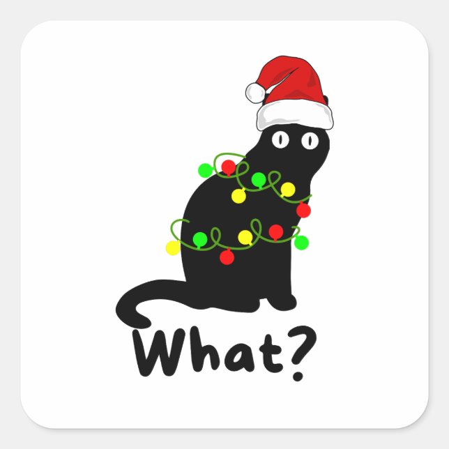 Naughty Black Cat Wearing Santa Hat Square Sticker (Front)