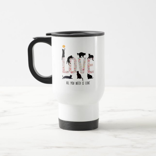 Naughty Black Cat with Love Floral Motifs Travel Mug (Left)