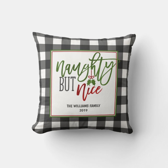 Naughty But Nice Buffalo Plaid Christmas Throw Pillow (Front)
