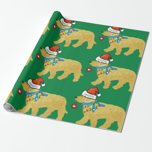 Naughty but Nice Christmas Goldendoodle Green Wrapping Paper