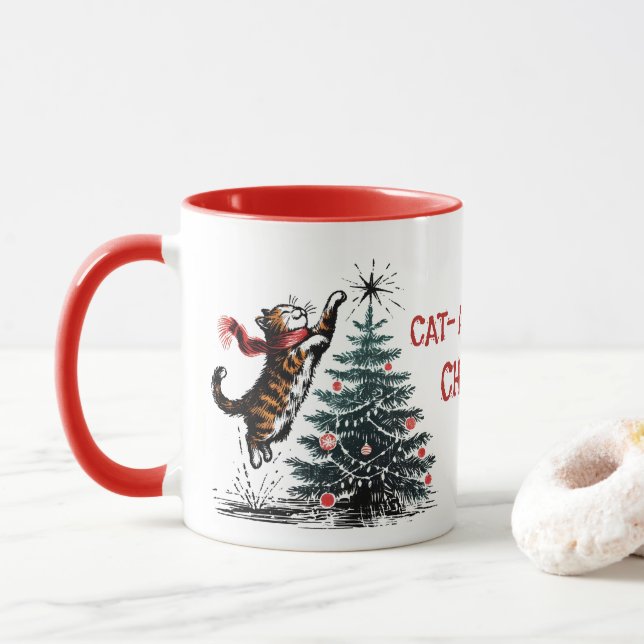 Naughty Cat Jumps Christmas Tree Personalized Gift Mug (With Donut)