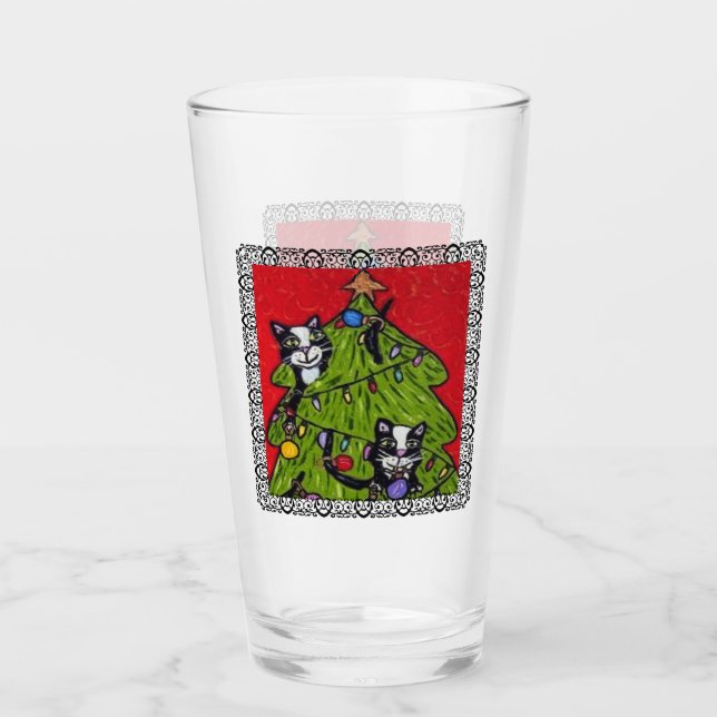 Naughty Cats Climbing Christmas Tree Black Frame Glass (Front)