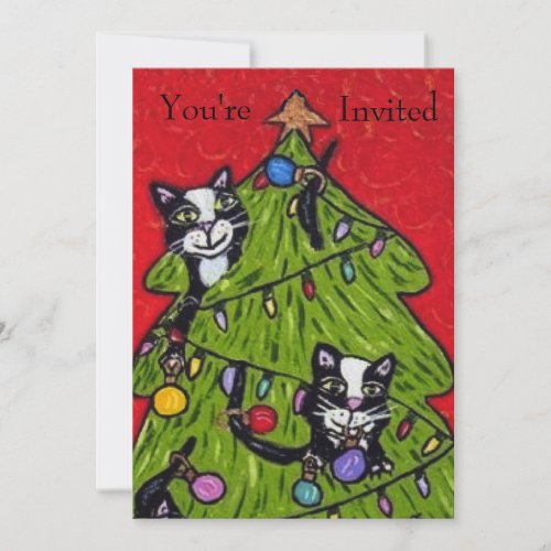 Naughty Cats Climbing Christmas Tree Red Green Invitation