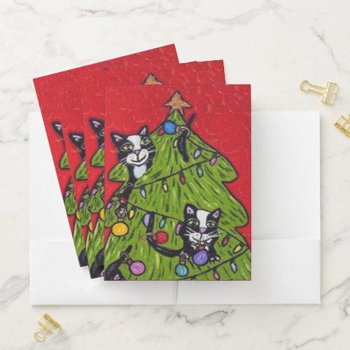 Naughty Cats Climbing Decorated Christmas Tree Red Pocket Folder