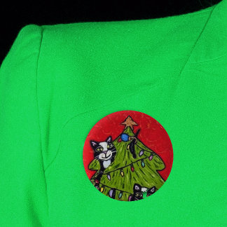 Naughty Cats Climbing in Christmas Tree Button