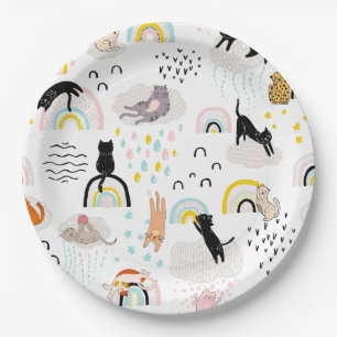 Naughty Cats With Seamless Pattern Rainbows Paper Plates