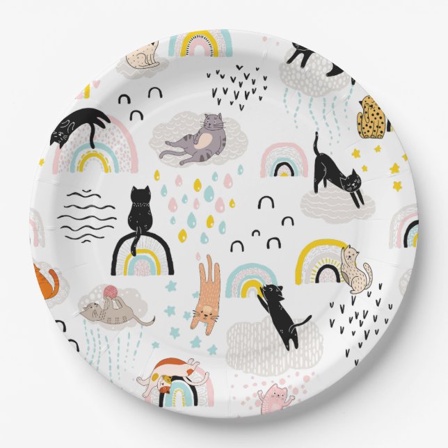 Naughty Cats With Seamless Pattern Rainbows Paper Plates (Front)