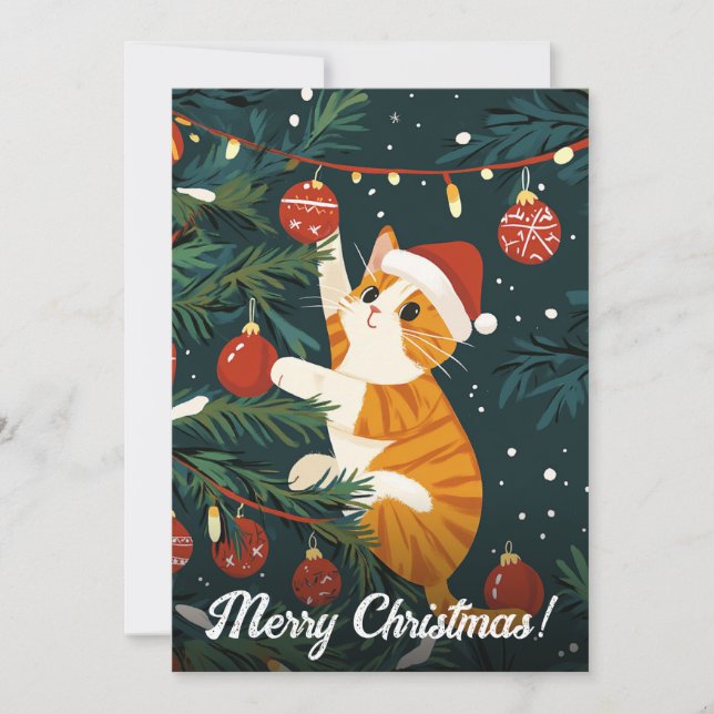 Naughty Christmas Cat Climbing Tree Custom Text  Holiday Card (Front)