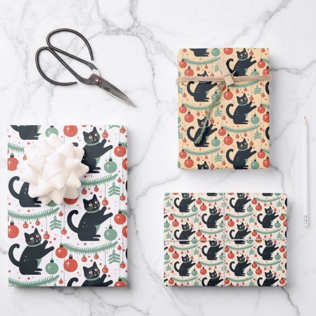 Naughty Christmas Cat with Ornaments Wrapping Paper Sheets (Front)