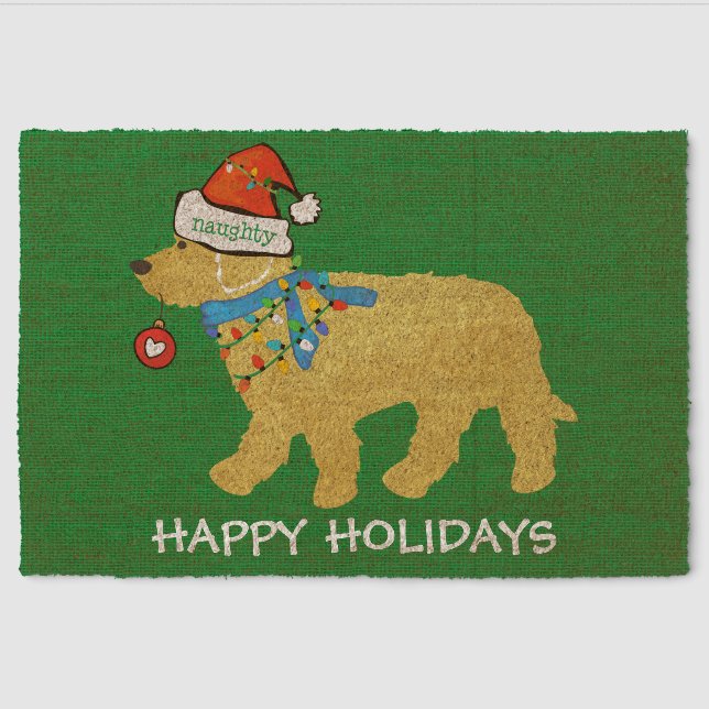 Naughty Christmas Goldendoodle Xmas Custom Fiber Doormat (Front)