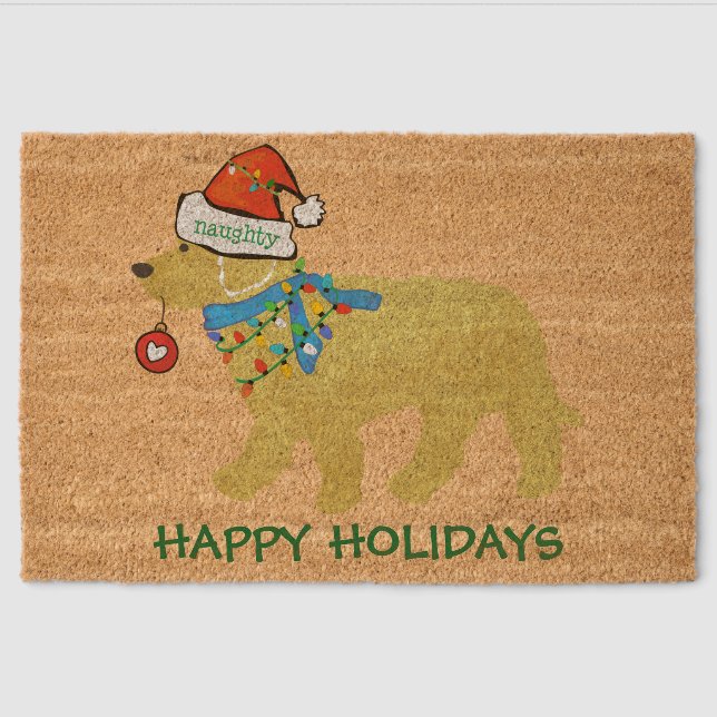Naughty Christmas Goldendoodle Xmas Custom Natural Fiber Doormat (Front)