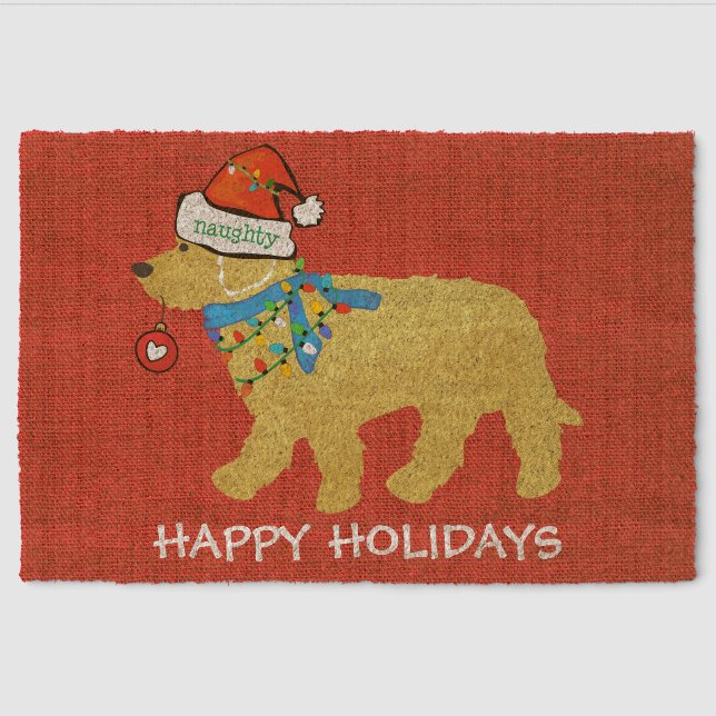 Naughty Christmas Goldendoodle Xmas Custom Red Fiber Doormat (Front)