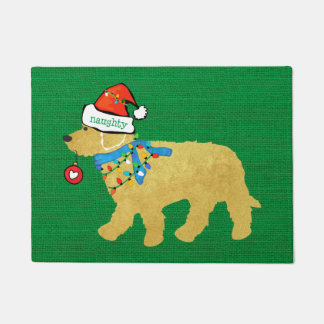 Naughty Christmas Goldendoodle Xmas Green Burlap Doormat