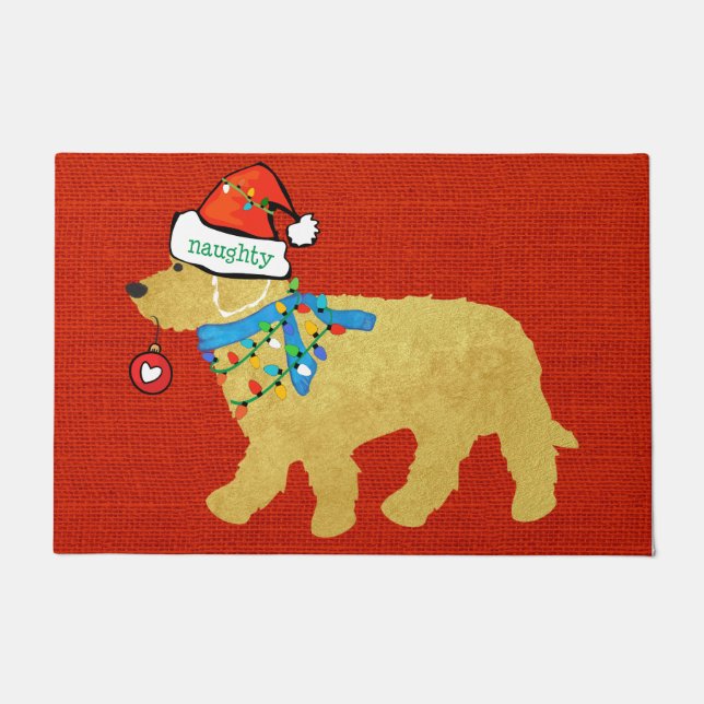 Naughty Christmas Goldendoodle Xmas Red Burlap Doormat (Front)