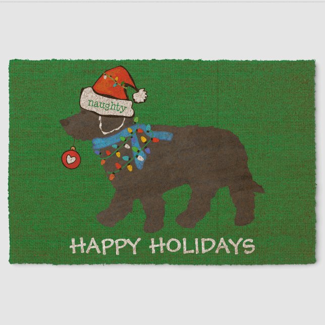 Naughty Christmas Labradoodle Xmas Custom Green Fiber Doormat (Front)