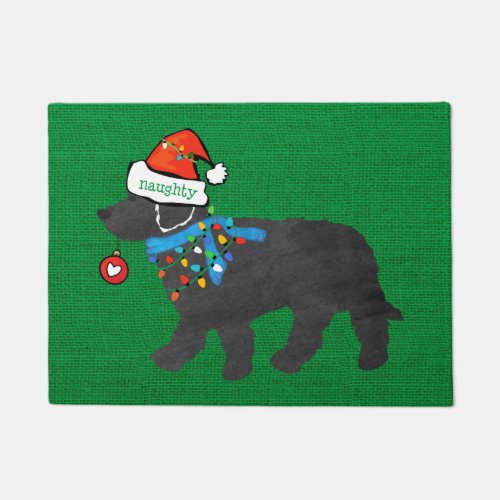 Naughty Christmas Labradoodle Xmas Green Burlap Doormat