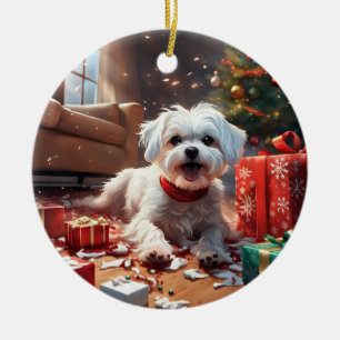 Naughty Christmas Puppy, Cute, Funny, Cartoon Ceramic Ornament