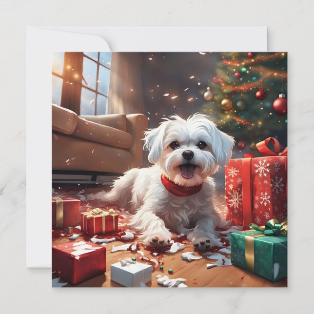 Naughty Christmas Puppy, Cute, Funny, Cartoon Holiday Card (Front)