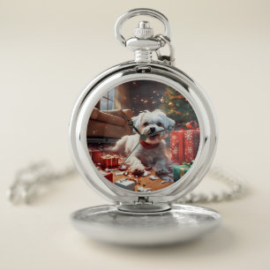 Naughty Christmas Puppy, Cute, Funny, Cartoon Pocket Watch