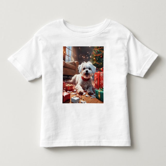 Naughty Christmas Puppy, Cute, Funny, Cartoon Toddler T-shirt (Front)