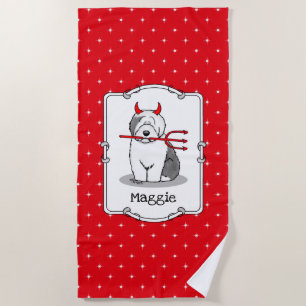 Naughty Devil Old English Sheepdog (Gray 1) Beach Towel