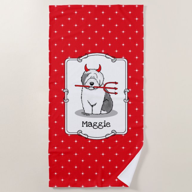 Naughty Devil Old English Sheepdog (Gray 1) Beach Towel (Front)