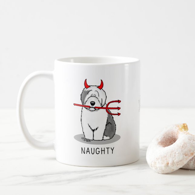 Naughty Devil Old English Sheepdog (Gray 1) Coffee Mug (With Donut)