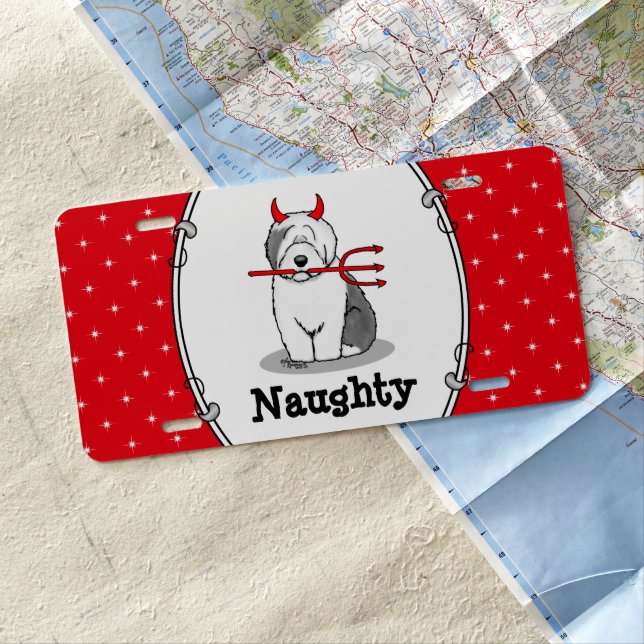 Naughty Devil Old English Sheepdog (Gray 1) License Plate (In Situ)