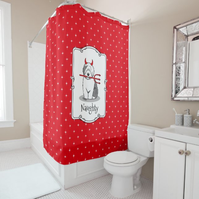 Naughty Devil Old English Sheepdog (Gray 1) Shower Curtain (In Situ)
