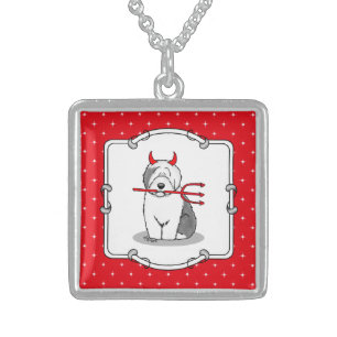 Naughty Devil Old English Sheepdog (Gray 1) Sterling Silver Necklace