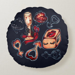 Naughty Dice & Champagne Adult Humor Dark Romantic Round Pillow