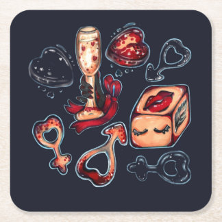 Naughty Dice & Champagne Adult Humor Dark Romantic Square Paper Coaster