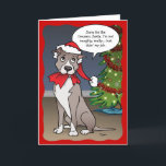 Naughty Dog Funny Santa Pit Bull Christmas Holiday Card<br><div class="desc">Send out funny dog Christmas cards to family and friends with your own personalized joke, text and inside happy holidays message. The original artwork by Raphaela Wilson depicts a cute cartoon illustration of a gray and white Pit Bull wearing a Santa hat. He snagged a piece of Santa's red pants,...</div>
