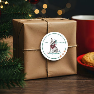 Naughty Dog Watercolor Bulldog Tangled in Lights Classic Round Sticker