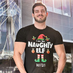 Naughty elf family matching christmas outfit name T-Shirt<br><div class="desc">Get into the holiday spirit with this humorous Naughty elf t-shirt which is part of a matching family elf outfit collection containing gifts for any member of the family. Perfect for any Christmas family reunion, this t-shirt features a cute elf hat and fun legs, with the caption "Naughty elf" in...</div>