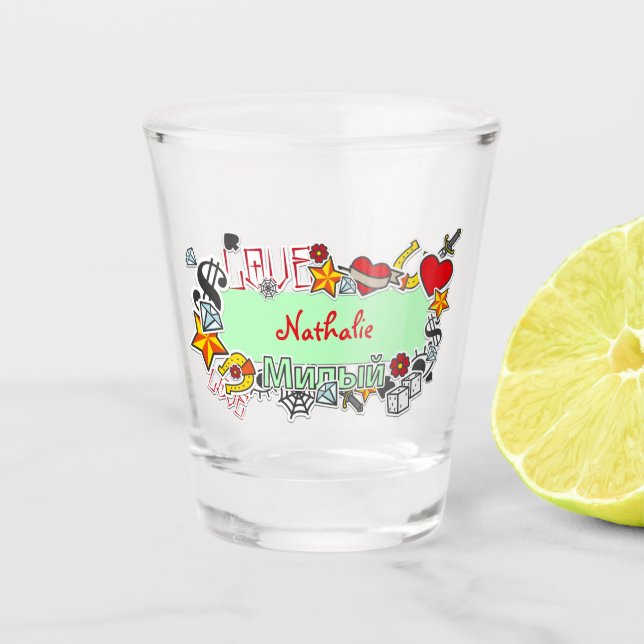 Naughty Girls night out sticker on Shot Glass (Front)