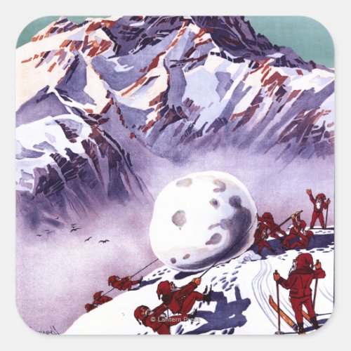 Naughty Gnomes Making Giant Snowball Poster Square Sticker