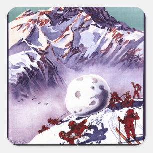 Naughty Gnomes Making Giant Snowball Poster Square Sticker