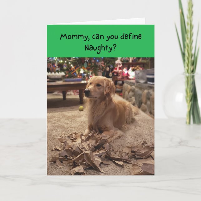 Naughty Golden Retriever Shredding Paper Christmas Card (Front)