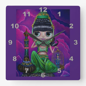Naughty Green Genie Girl Doll Magic Bottle Cute Square Wall Clock