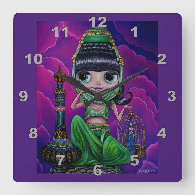 Naughty Green Genie Girl Doll Magic Bottle Cute Square Wall Clock (Front)