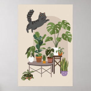 Naughty Grey Tabby Cat & Monstera Jungle Poster