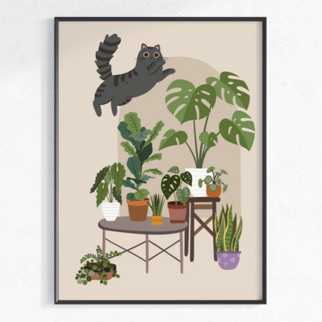 Naughty Grey Tabby Cat & Monstera Jungle Poster (Creator Uploaded)