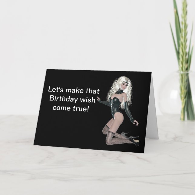 Naughty Happy birthday with woman in black leather Card (Front)