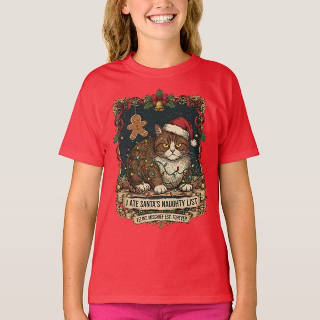 "Naughty List" Cat Christmas Humor. T-Shirt (Front)