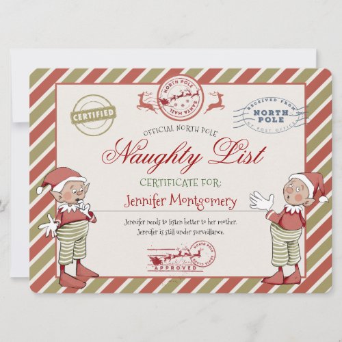 Naughty List Certificate from Santa Claus Invitation