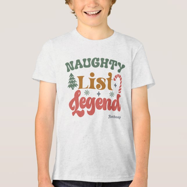 Naughty List Legend Kids’ Retro Christmas Tri-Blend Shirt (Front)