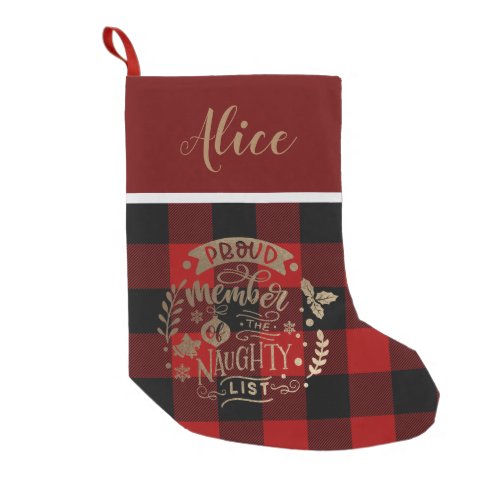 naughty list member gold plaid monogram Stocking