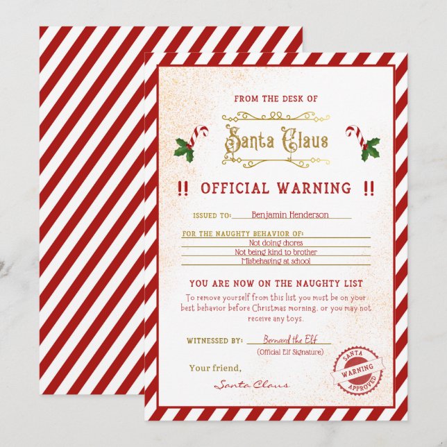 Naughty List Warning Santa Letter  Invitation (Front/Back)